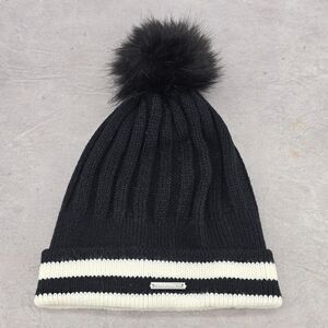 Vince Camuto Knit Beanie Hat Faux Fur Pom Pom Black One Size Cap‎